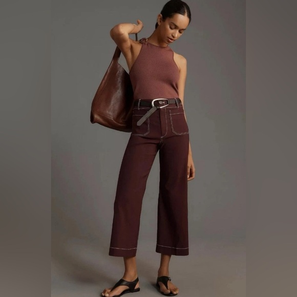 Anthropologie Colette Contrast StitchCropped Wide Leg Pants Maeve 23